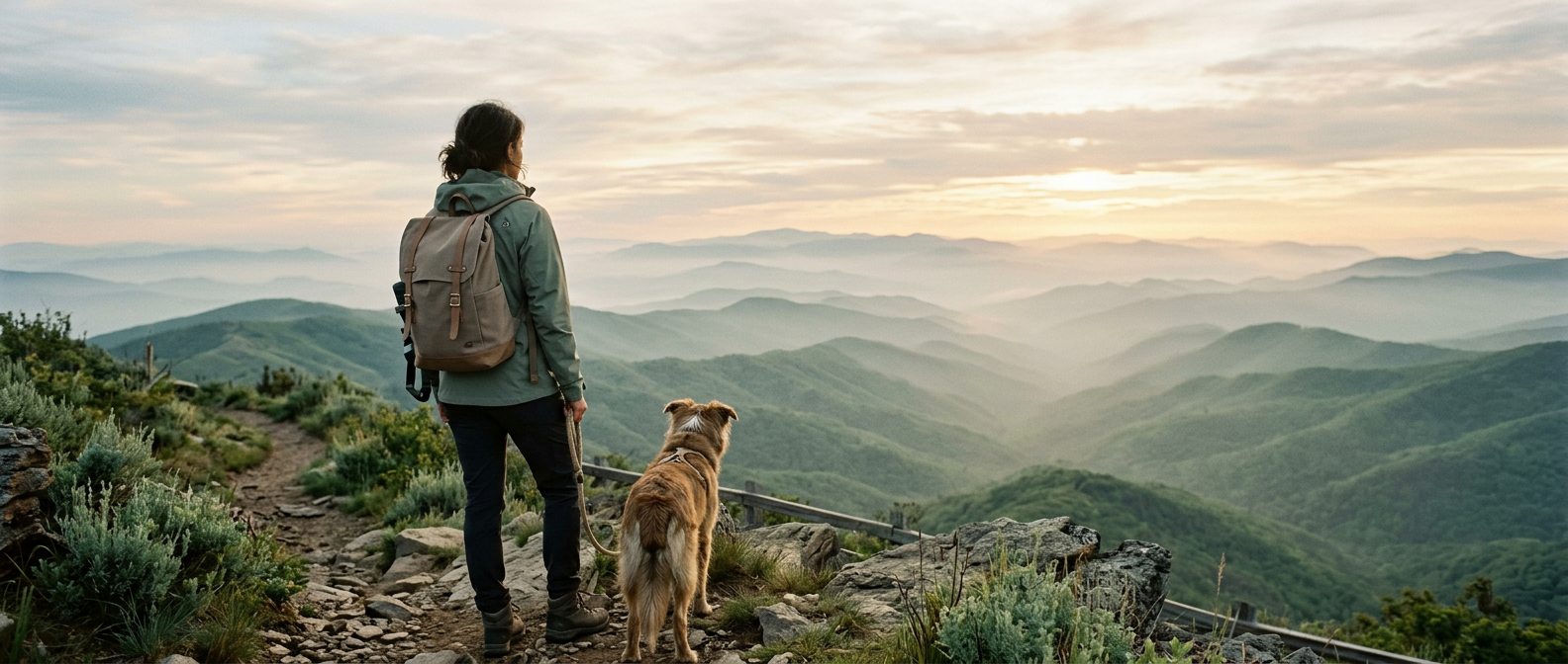 A hiker and their dog looking out over misty green hills at sunrise