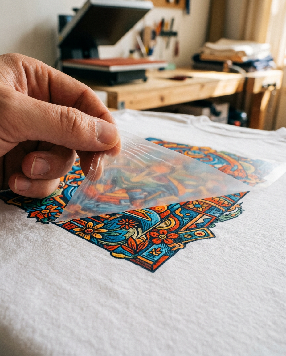 Hot peeling the film off a freshly pressed colorful print