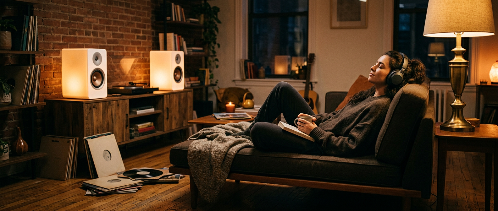 Listener relaxing on a sofa with white speakers glowing in lamplight