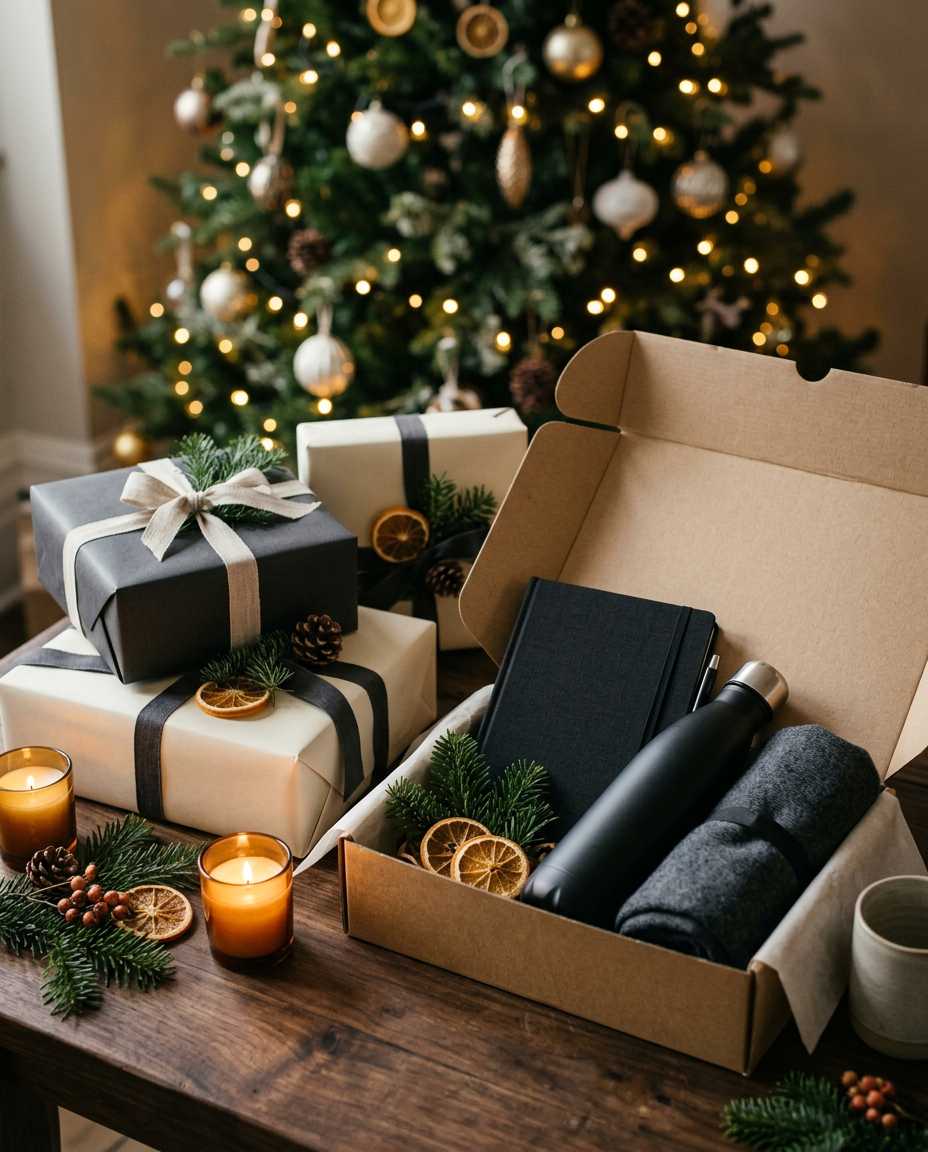 Wrapped festive gift boxes and an open kraft box with a notebook and bottle beside a glowing Christmas tree