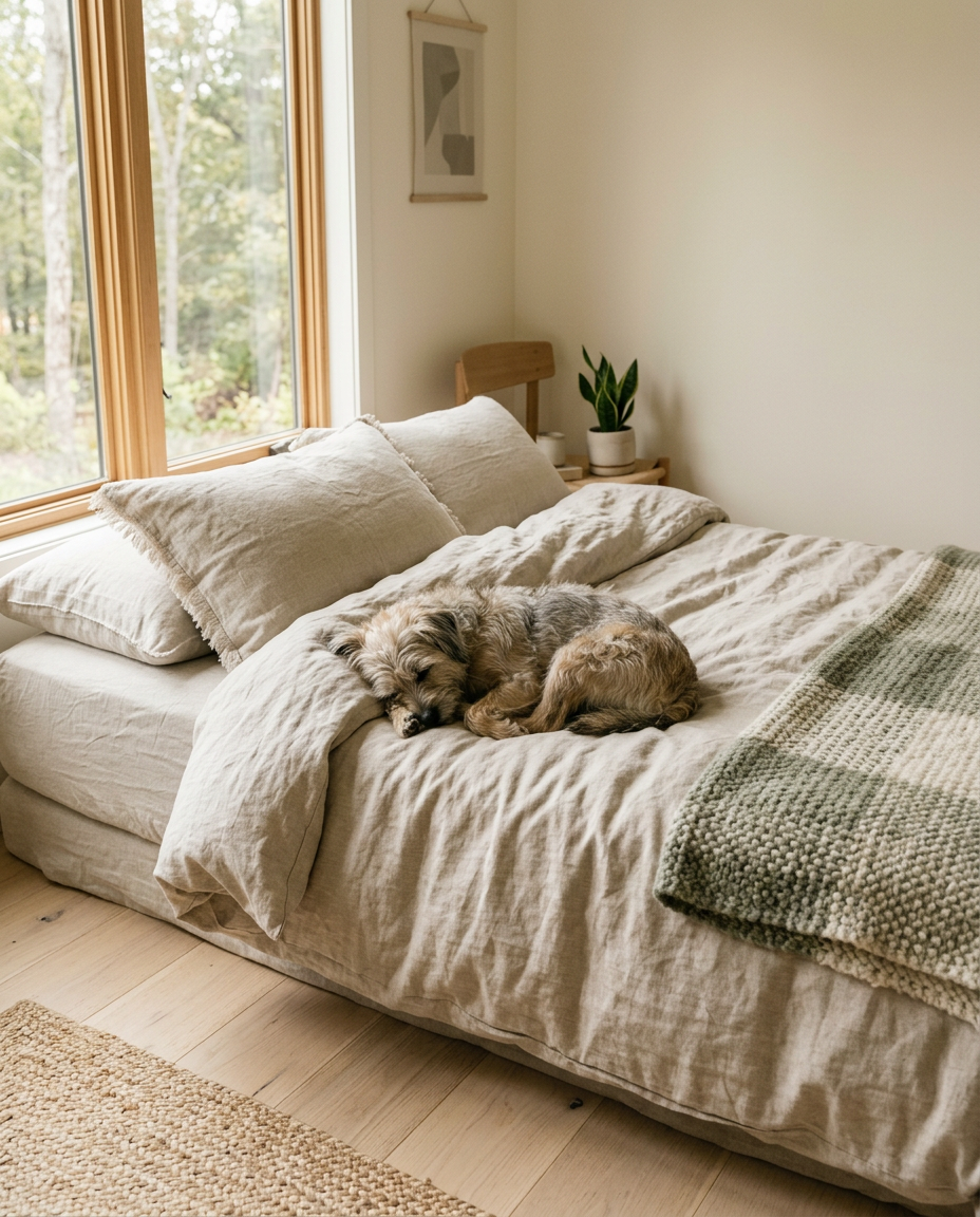 Dog asleep on a linen bed in a calm, sunlit living room