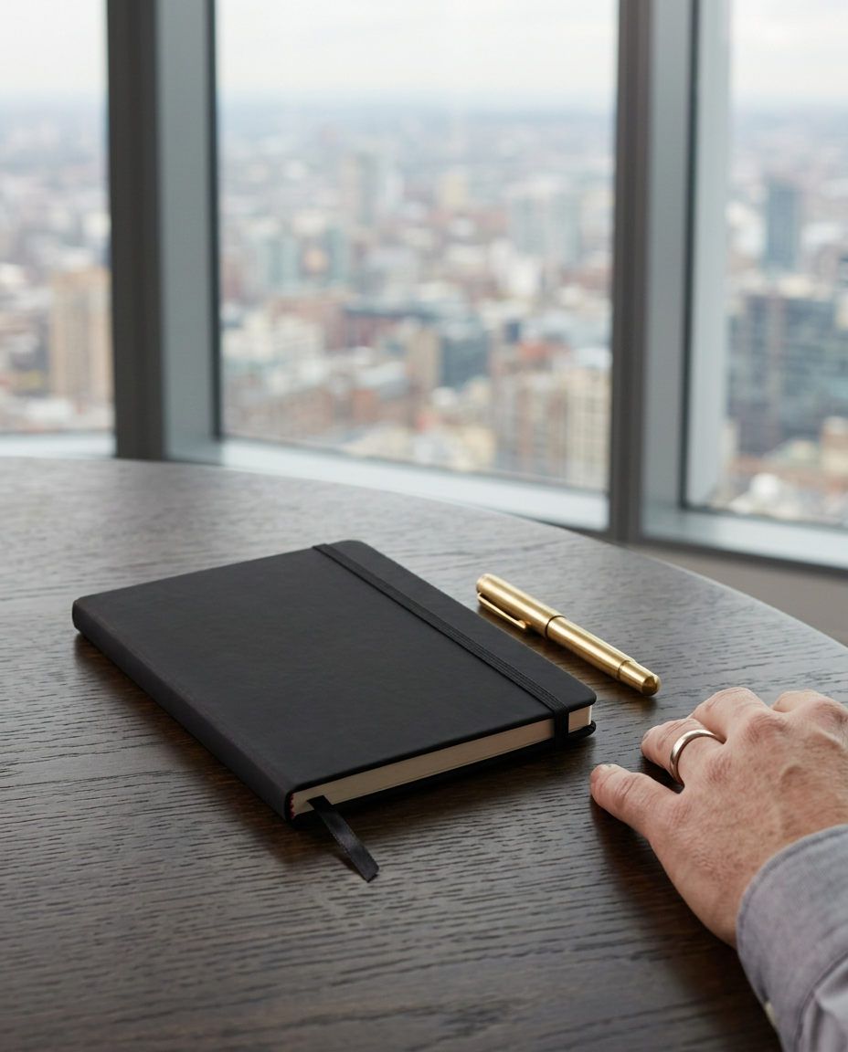 Black soft-feel notebook and brass pen on a boardroom table overlooking the city