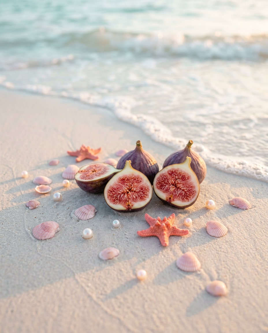 Ripe figs, pearls and pastel seashells on the sand as sea foam rolls in