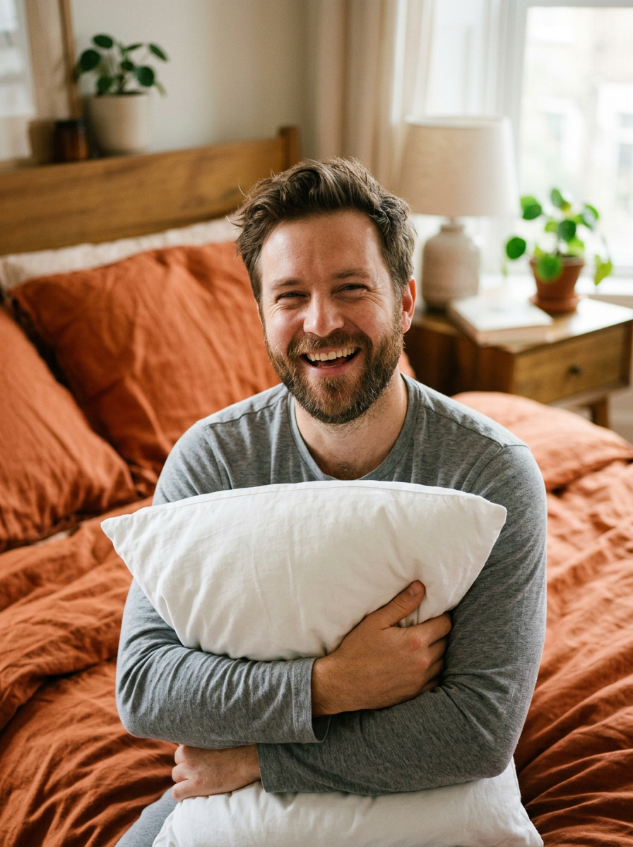 Major Mouvement holding a white pillow