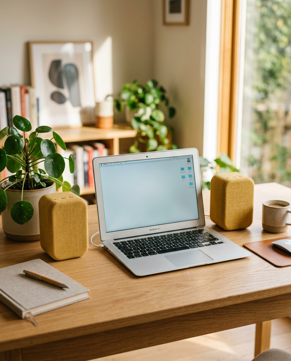Compact mustard-yellow wireless speakers on an oak desk