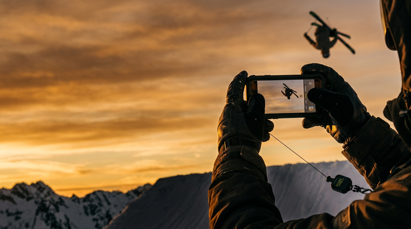 Rider filming a friend mid-backflip against the sunset sky, phone tethered by a Gear Keeper retractor line to the reel on his jacket