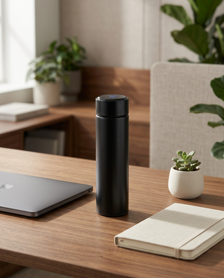 Black vacuum bottle with touch thermometer on a walnut desk in a calm modern office