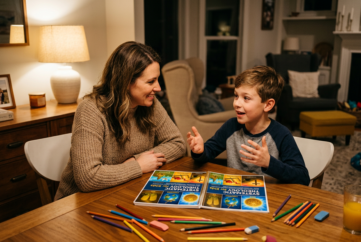 Mother listening as her son explains a workbook lesson at the dinner table