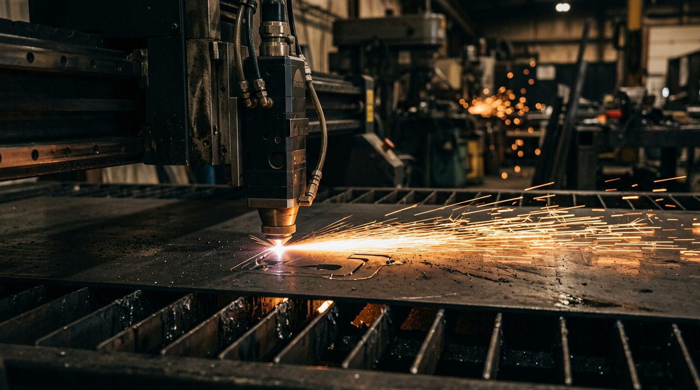 CNC fiber laser cutting a sheet of 2 mm black steel with sparks flying