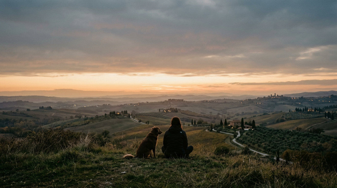 A person and their dog sitting together on a hill overlooking the countryside at dusk