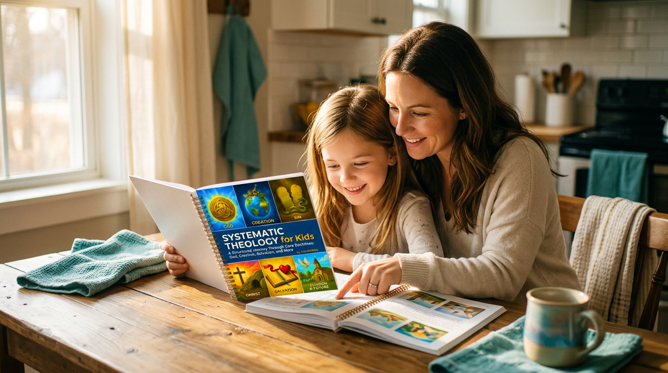 A mother and daughter reading the Systematic Theology workbook together at the kitchen table