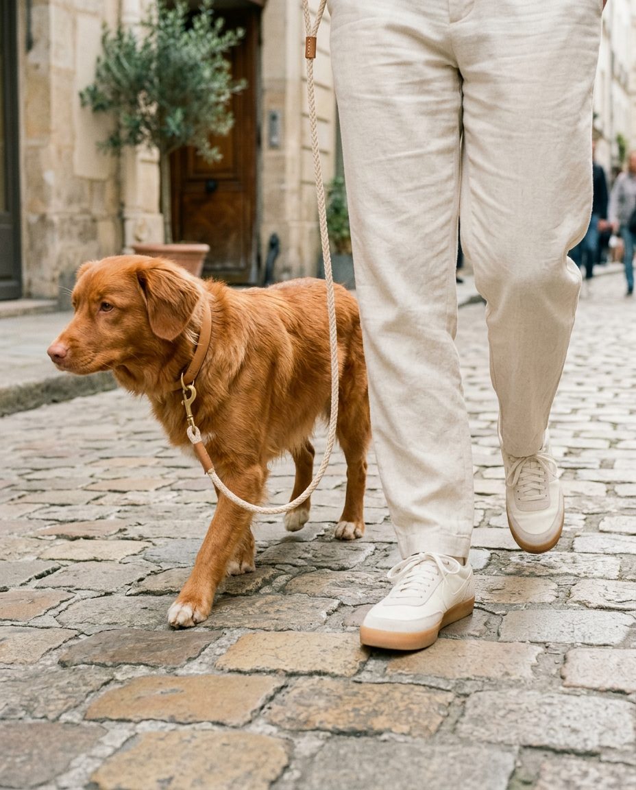Dog and owner walking side by side on a cobblestone street