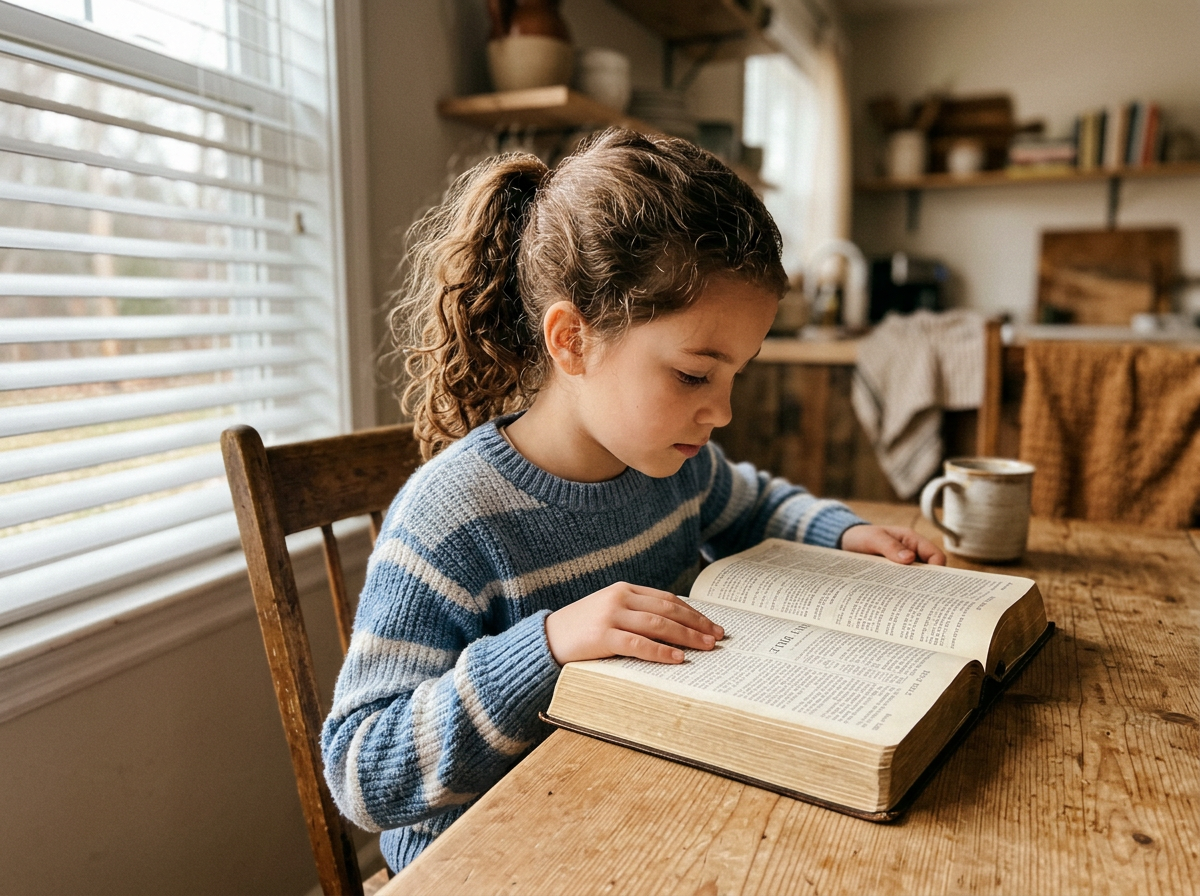 Young girl reading an open Bible at the kitchen table