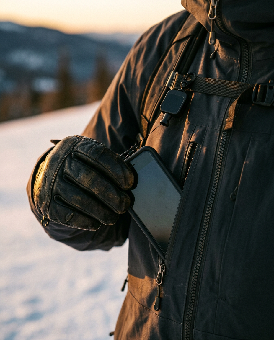 Gloved hand sliding a phone into a ski jacket chest pocket while it stays tethered to the Gear Keeper reel clipped on the chest strap