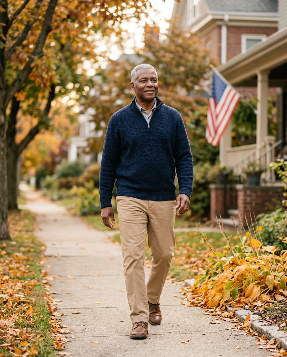A smiling veteran in a navy sweater walking down a tree-lined autumn street past a porch flying the American flag