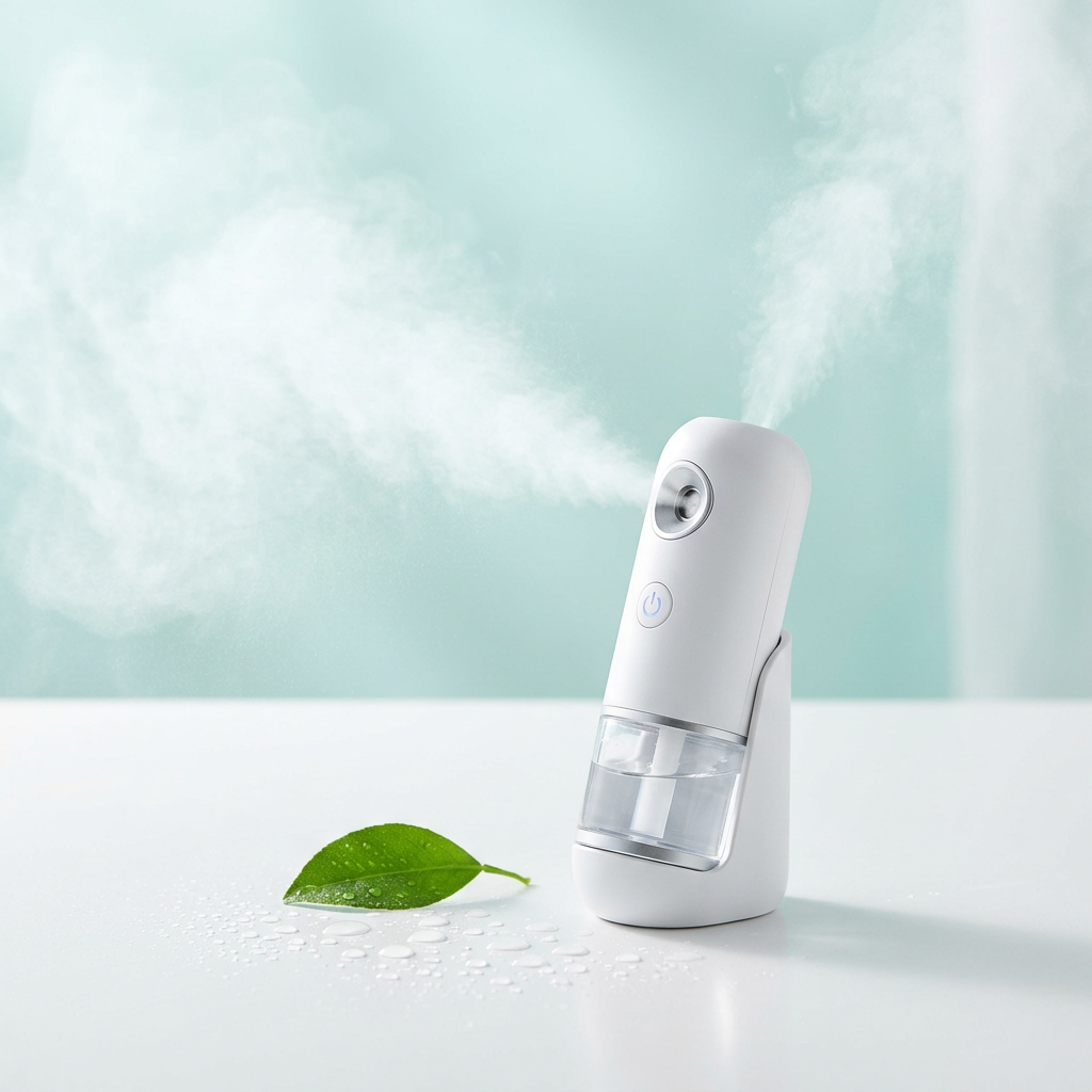 Handheld nano mist facial sprayer releasing a fine mist