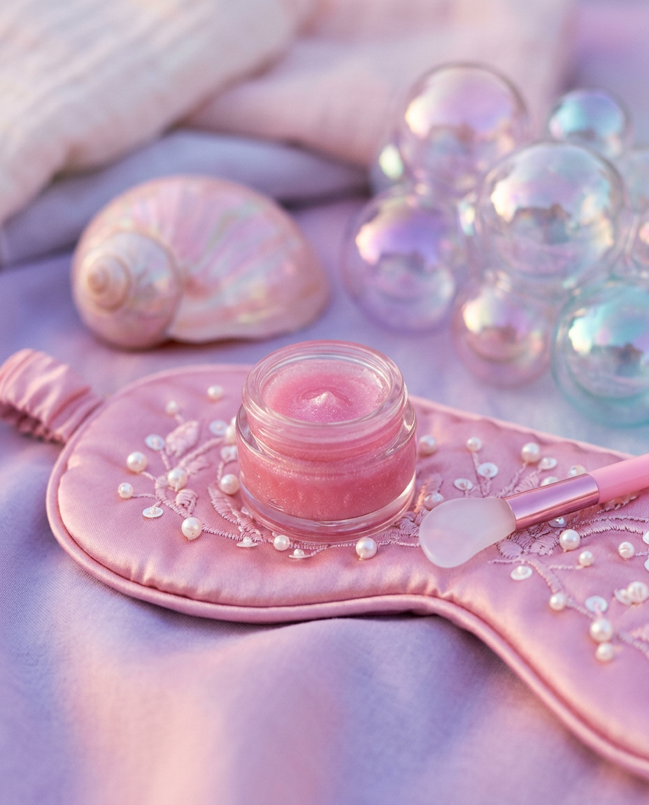 Little jar of shimmery pink lip mask on a satin sleep mask with pearls