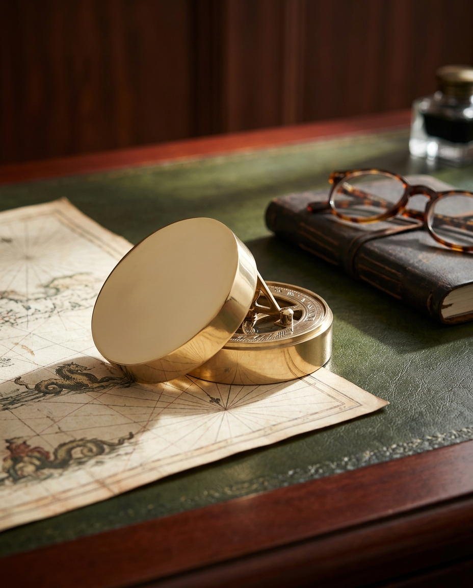 Polished brass sundial compass on a vintage map atop a green leather desk