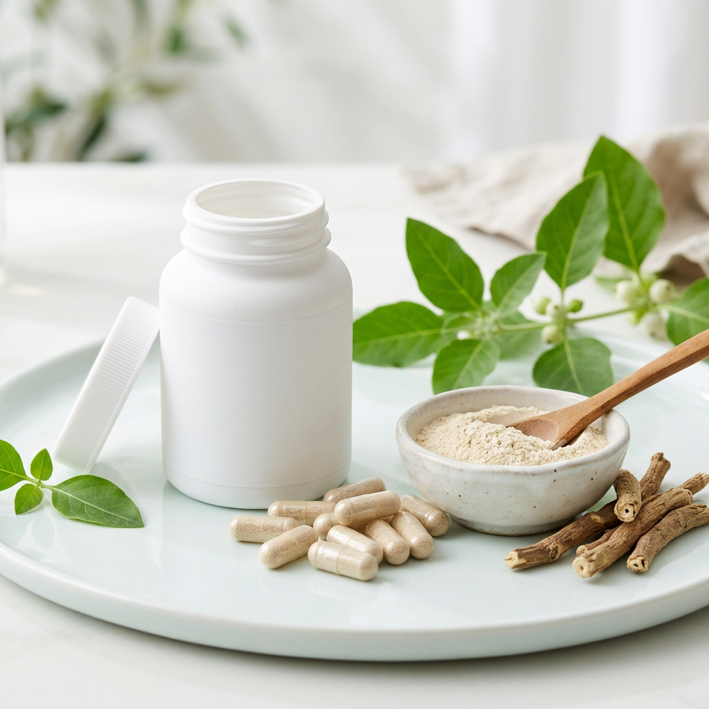 Ashwagandha capsules, root and powder