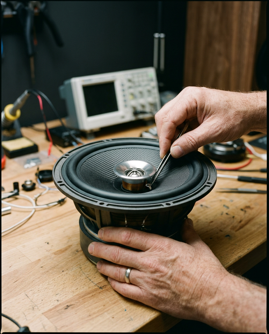 Engineer assembling a concentric coaxial speaker driver