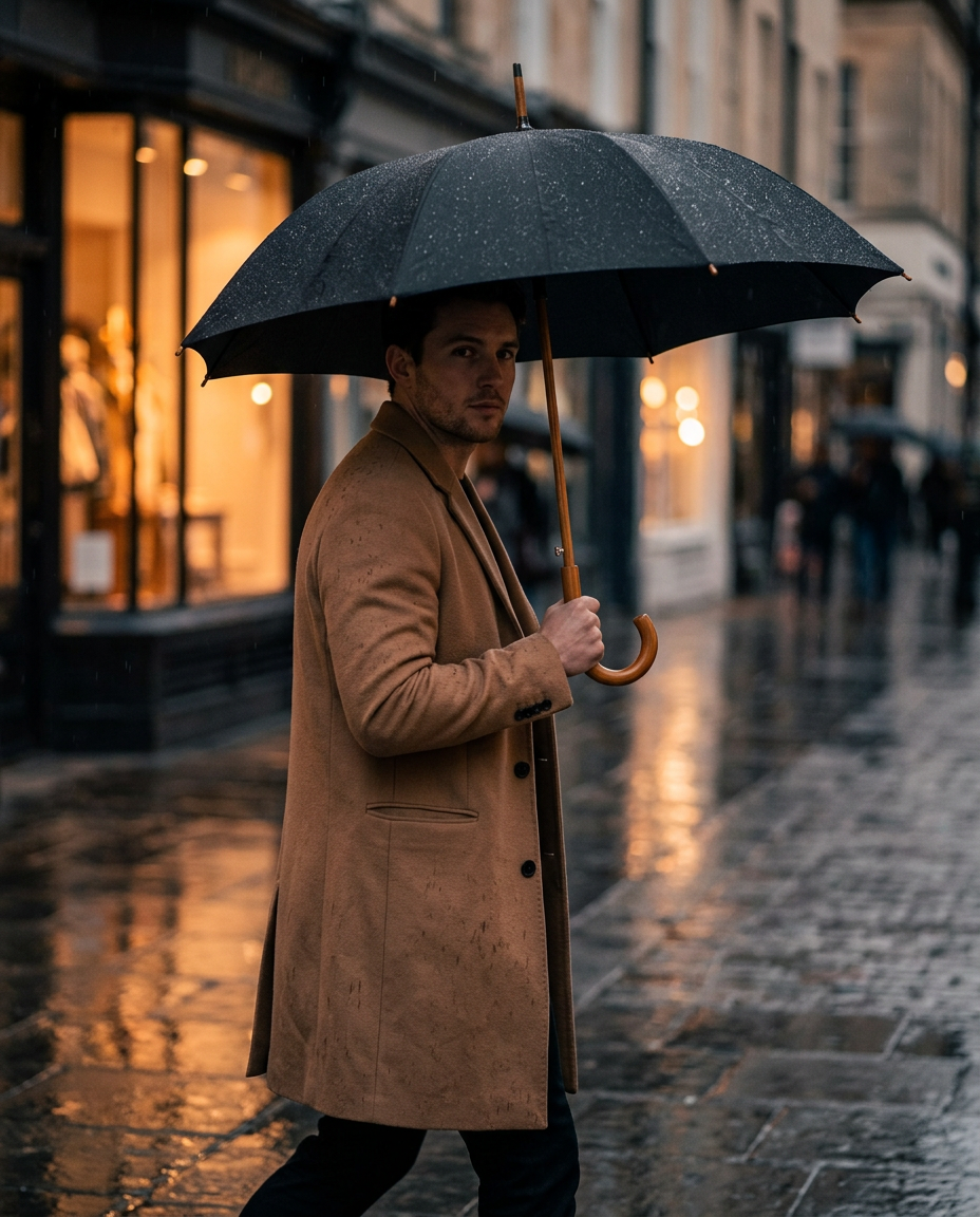 Man in a camel overcoat holding a black umbrella with a wooden handle on a rainy London street