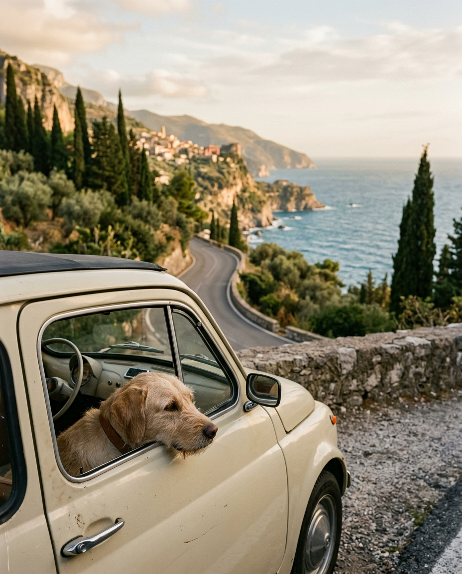 A sand-coloured dog resting its head on the open window of a cream car on a coastal road