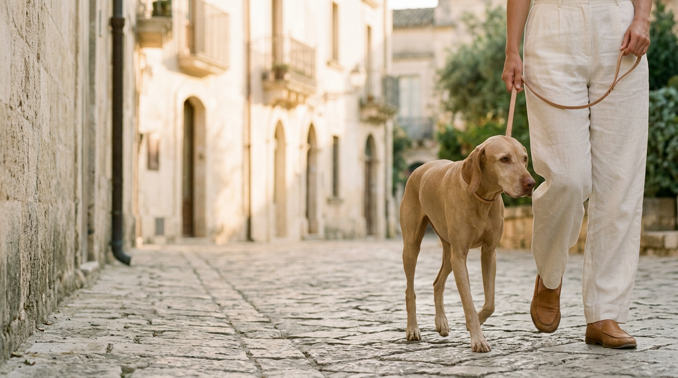 A sand-coloured dog walking beside its owner along a sunlit cobblestone street