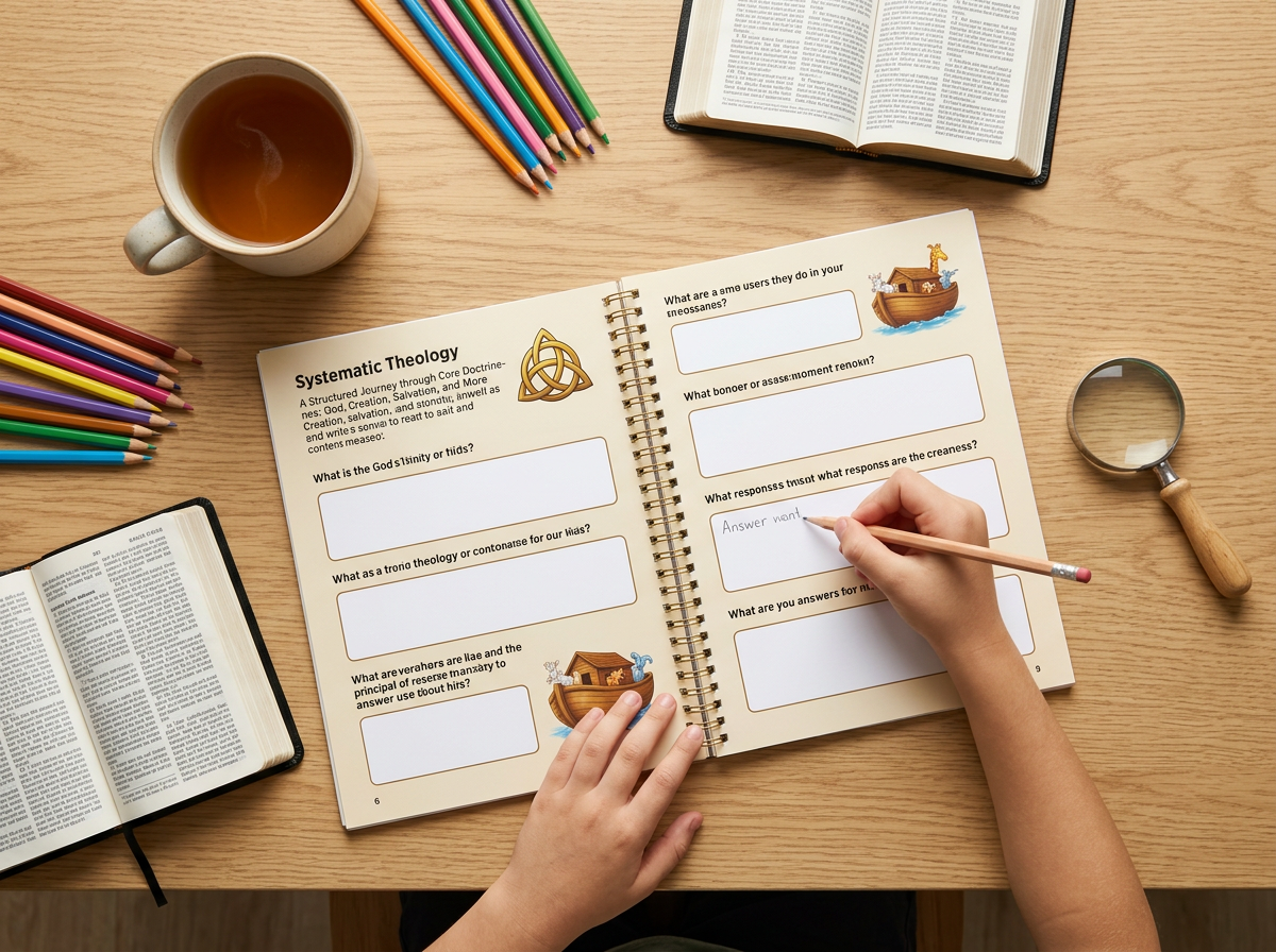 The workbook open on a table with colored pencils, a magnifying glass and a Bible