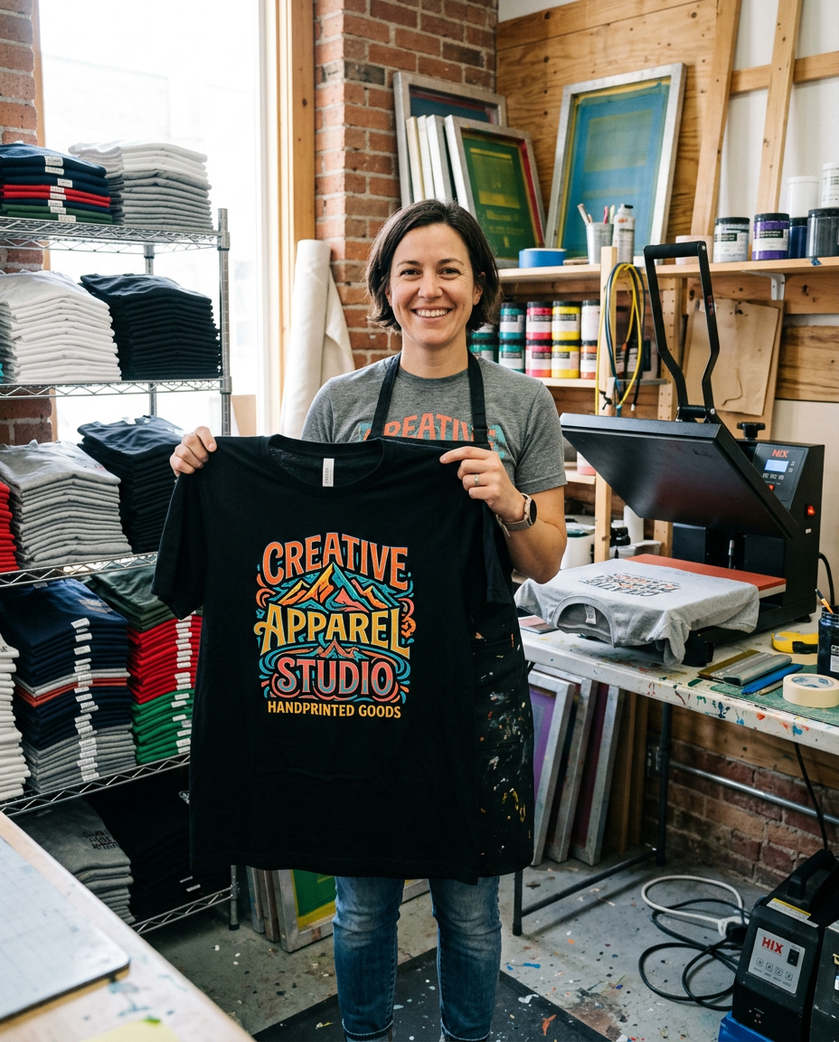 Apparel decorator holding up a t-shirt printed with a colorful DTF transfer