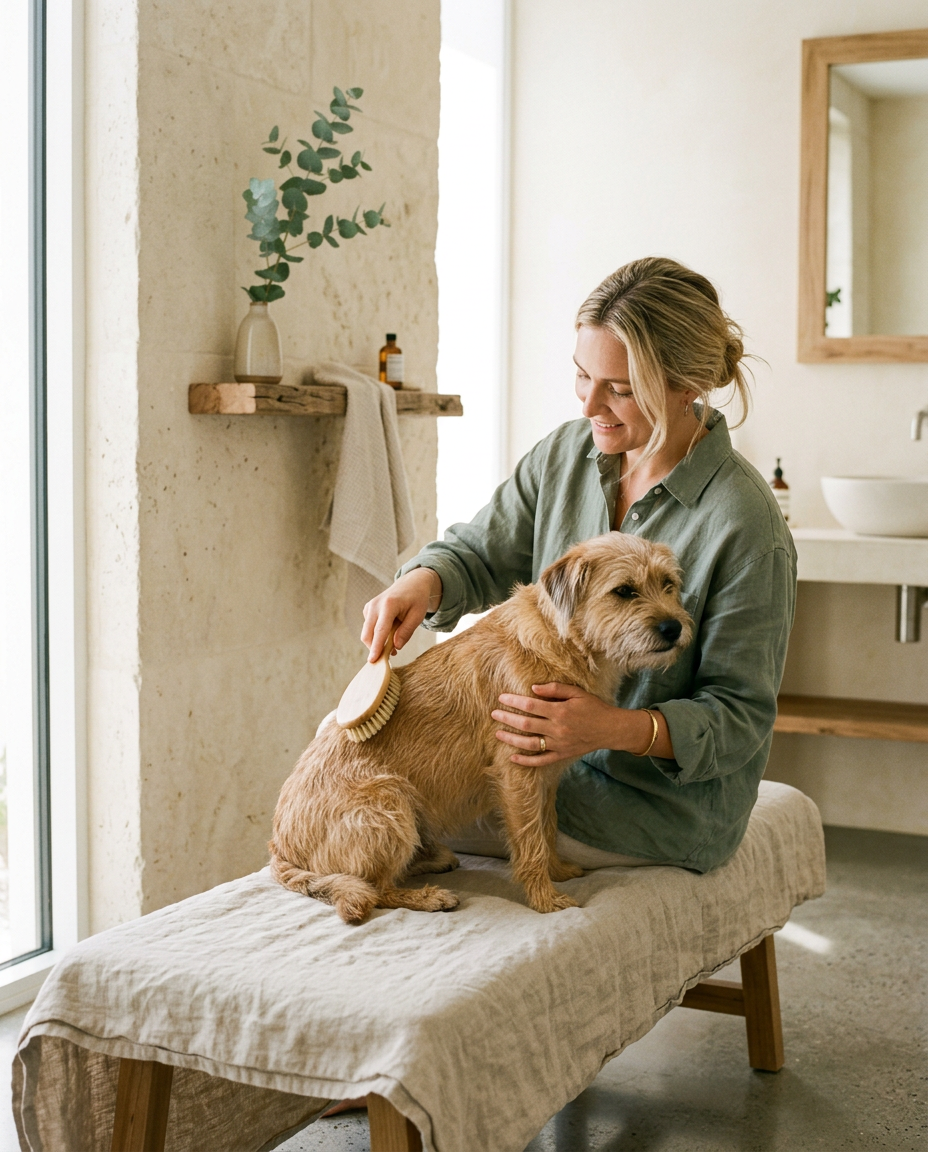Owner gently brushing a relaxed dog in a bright, minimalist bathroom