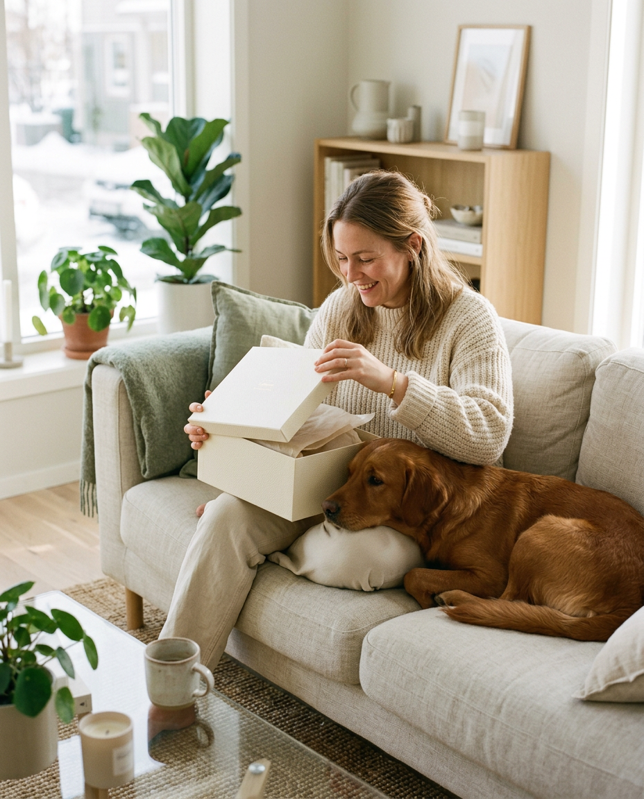 A woman opening an ivory gift box on a linen sofa while her dog rests its head on her lap