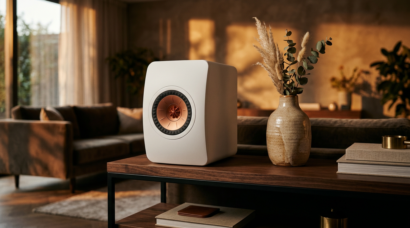 Premium white bookshelf speaker on a walnut shelf in warm evening light