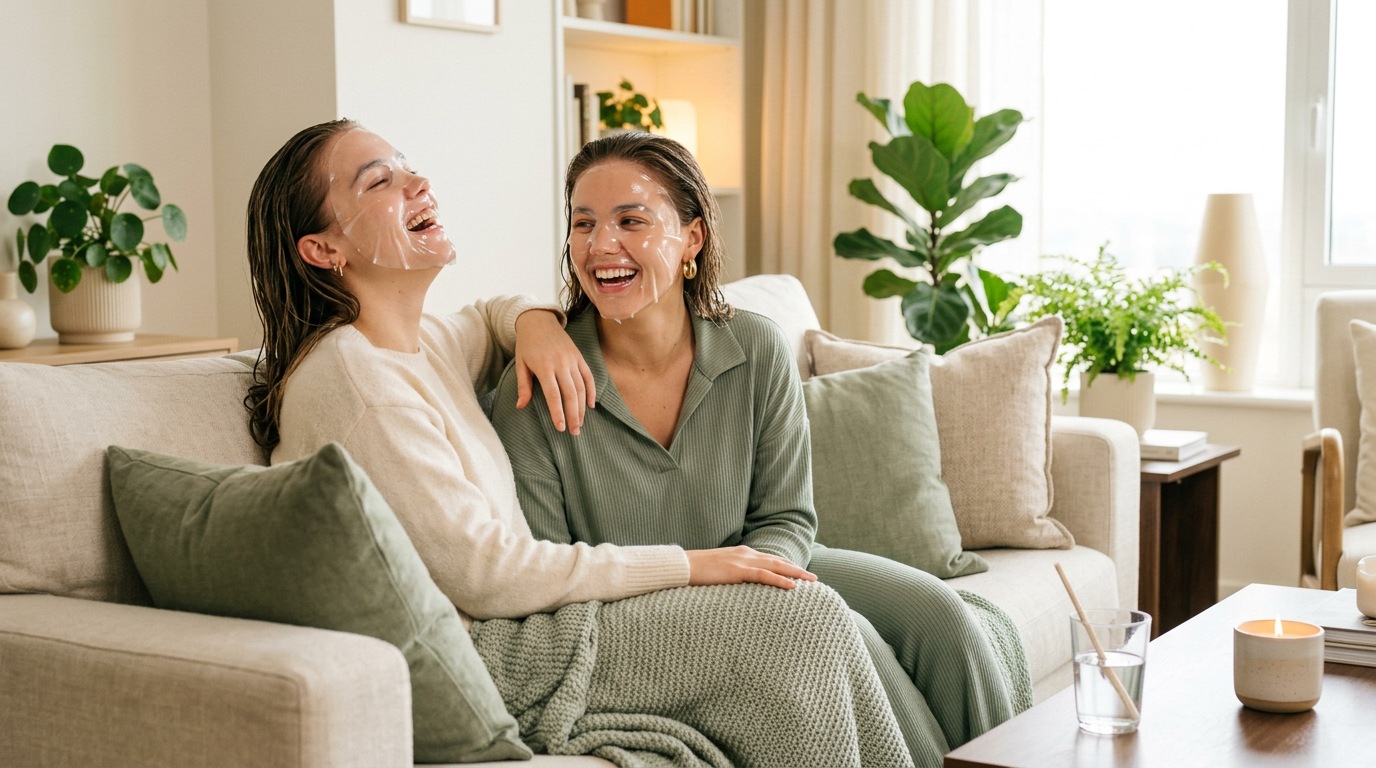 Two friends laughing while wearing hydrogel face masks