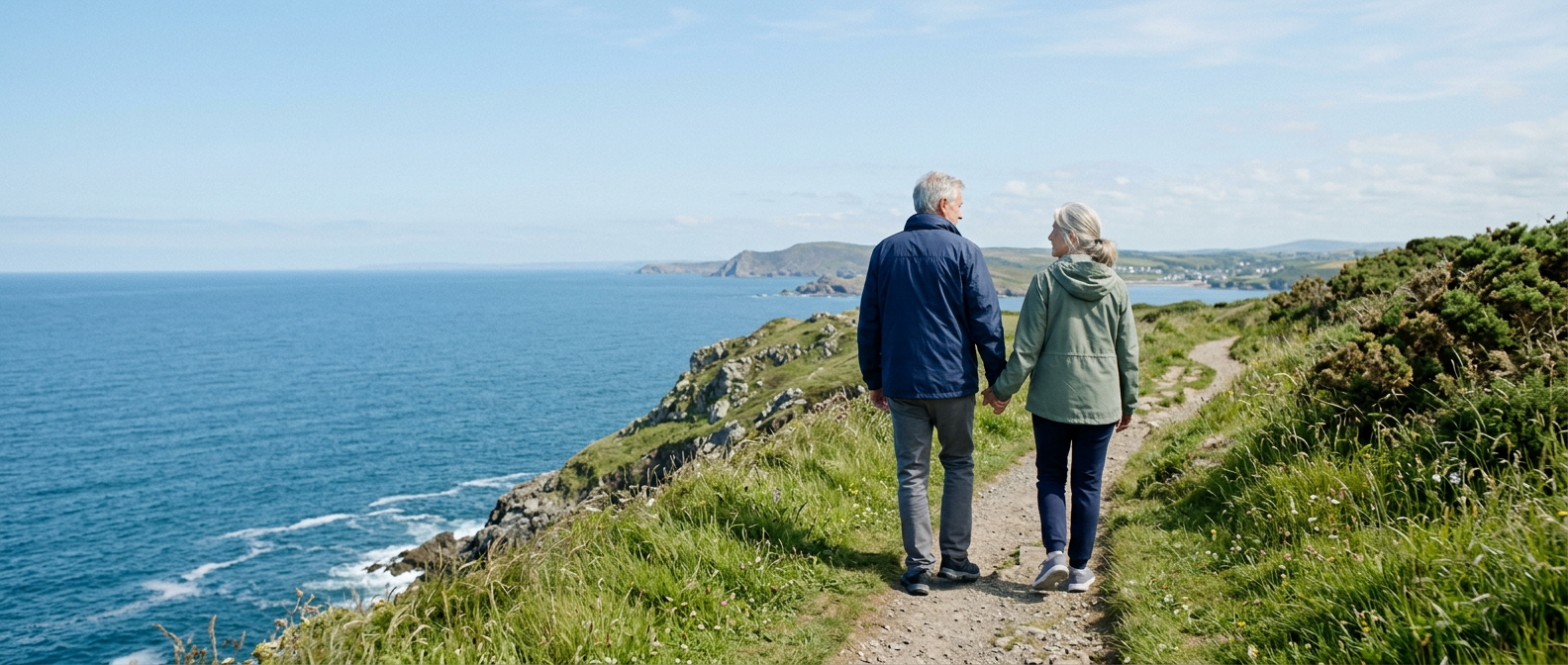 Couple walking hand in hand along a coastal cliff path
