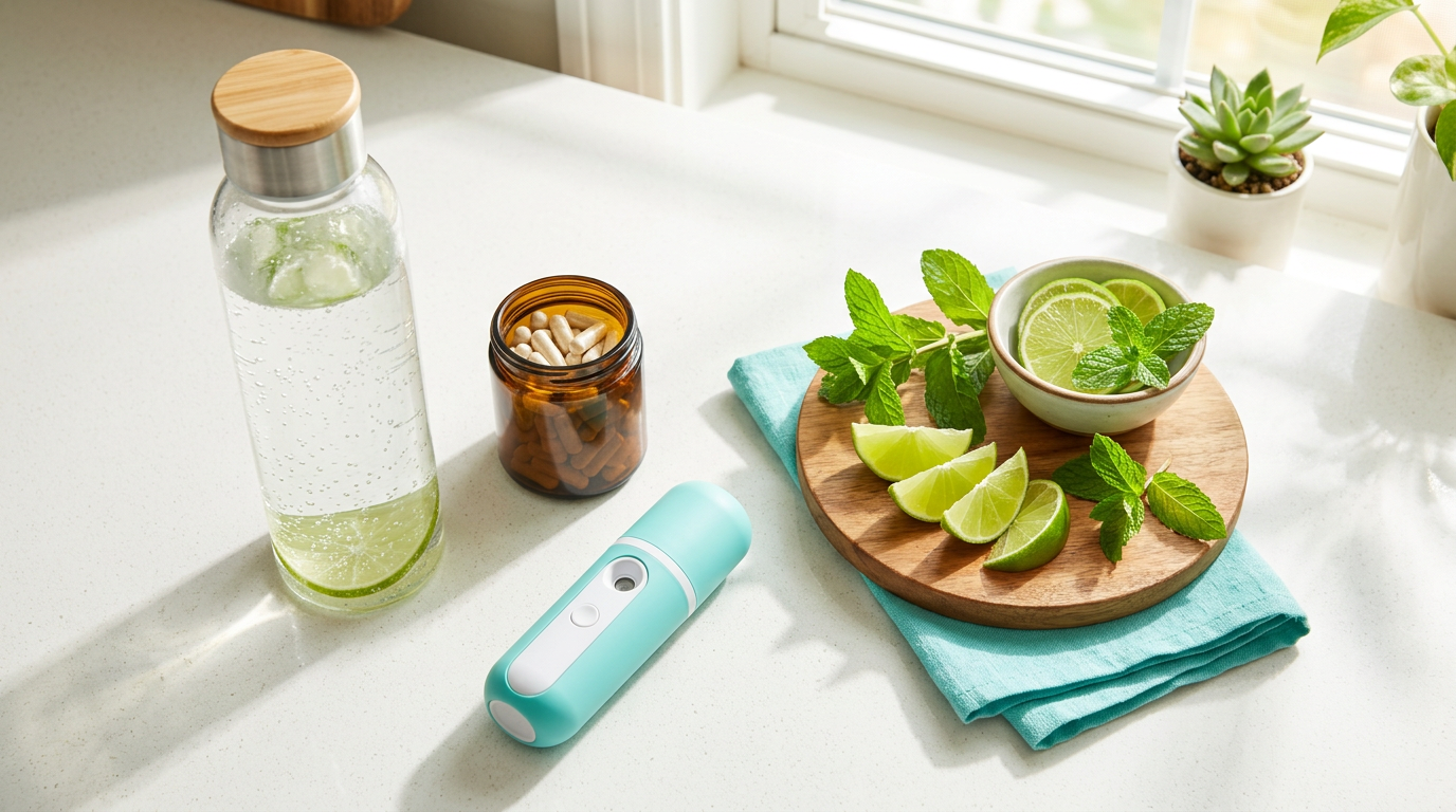 Morning routine with hydrogen water bottle, ashwagandha and facial mist on a sunny counter