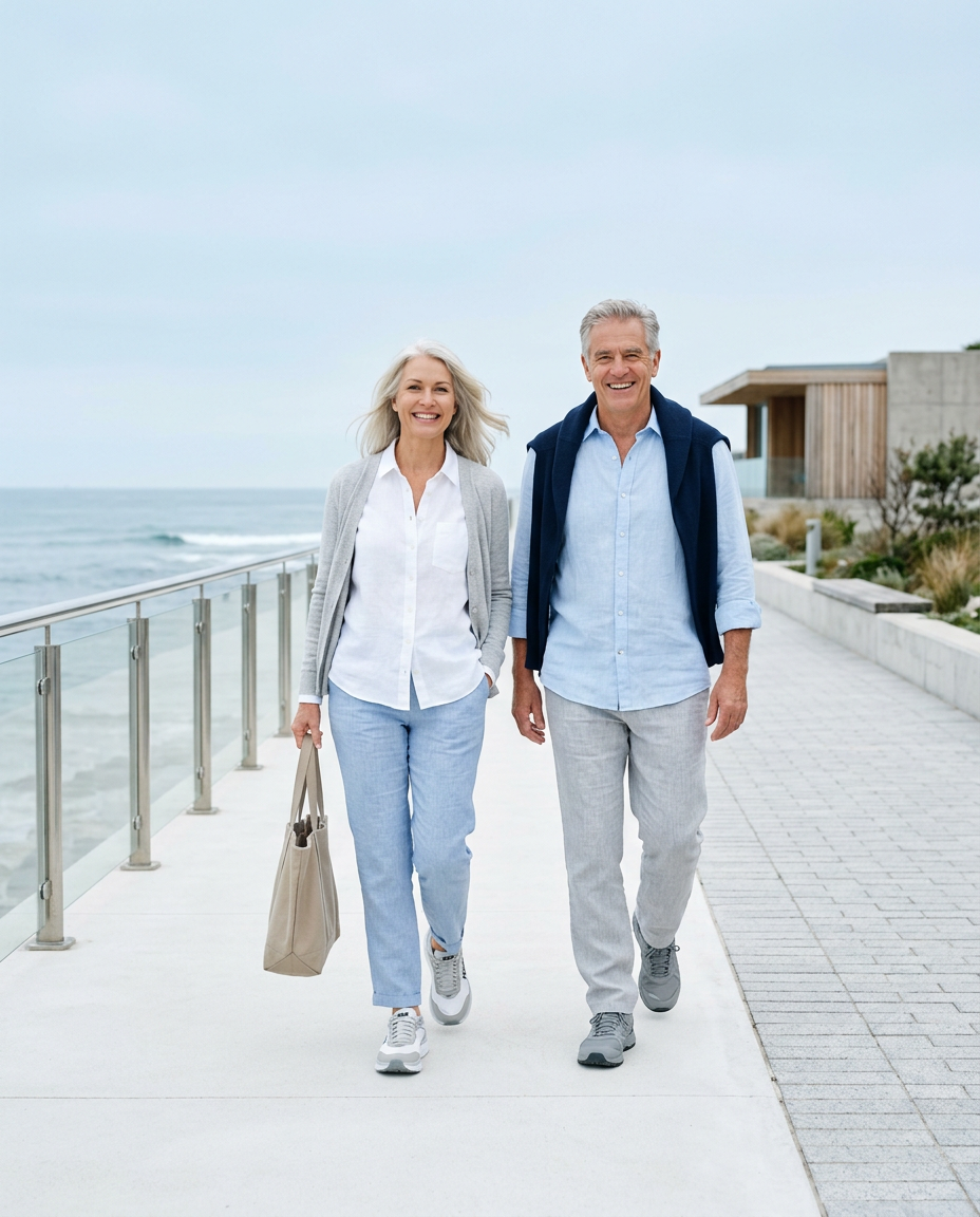 Friends walking and laughing along a seaside promenade in comfortable shoes