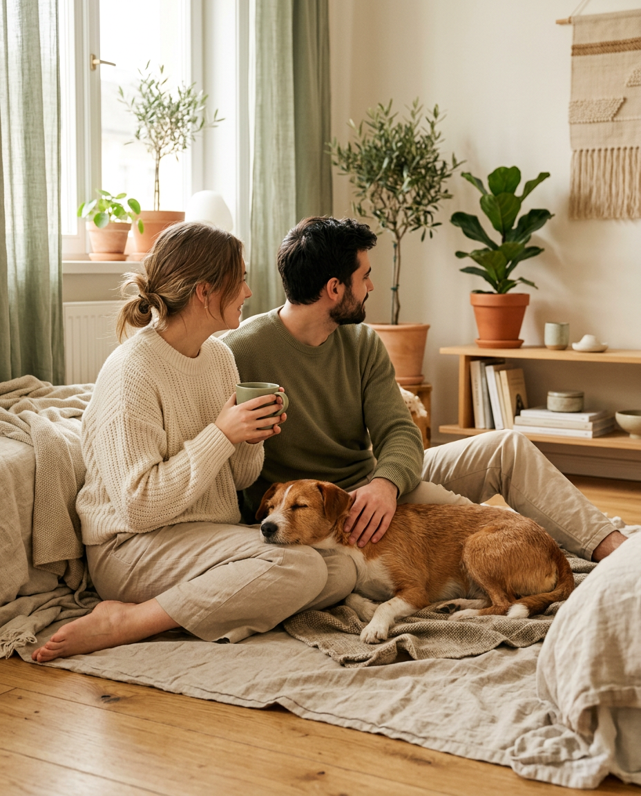 A couple relaxing at home with morning coffee while their dog rests beside them