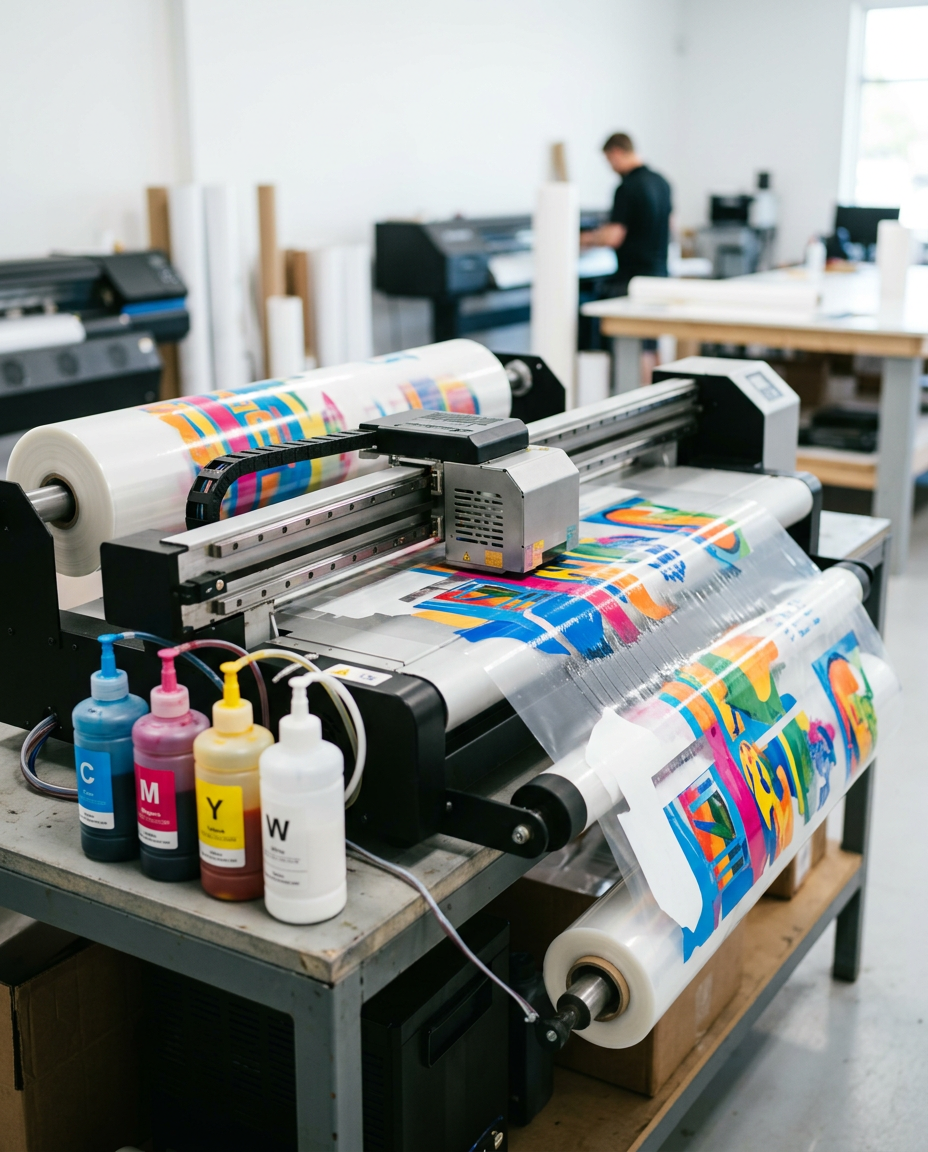 DTF printer printing vibrant graphics onto transfer film