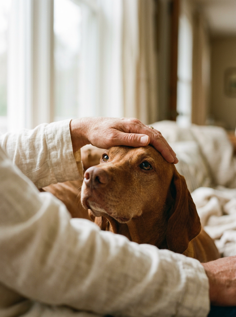 A hand resting gently on a dog's head as it looks up affectionately