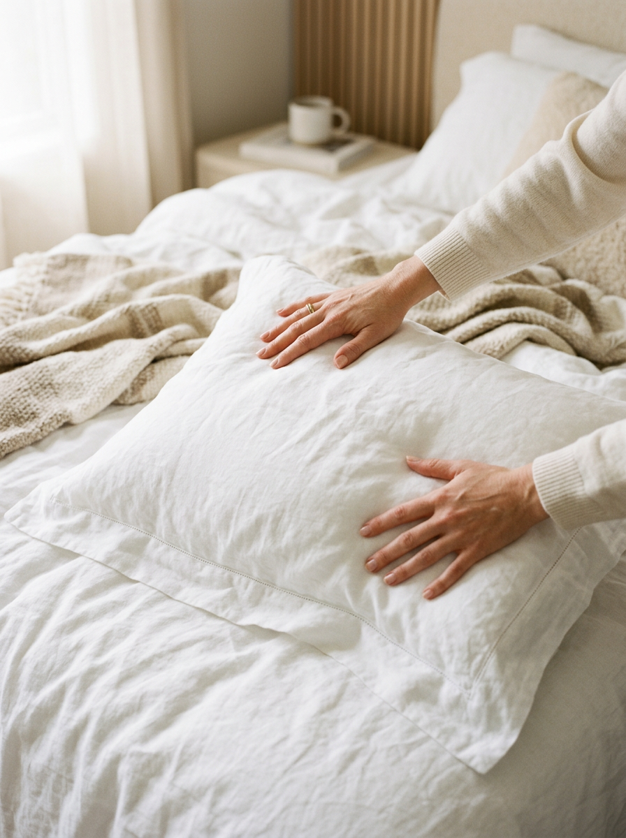 Hands adjusting the filling of a white pillow