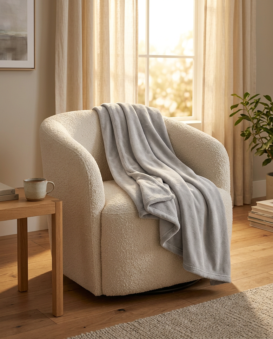 Soft grey fleece blanket draped over a boucle armchair in warm afternoon light