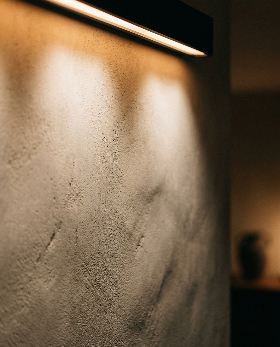 Warm LED light washing down a textured plaster wall in the evening