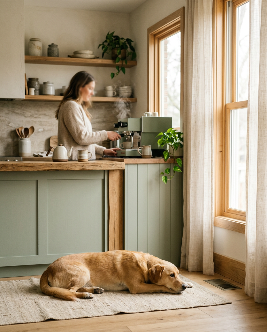 A calm dog lying on a linen rug in a sunlit kitchen while its owner makes coffee