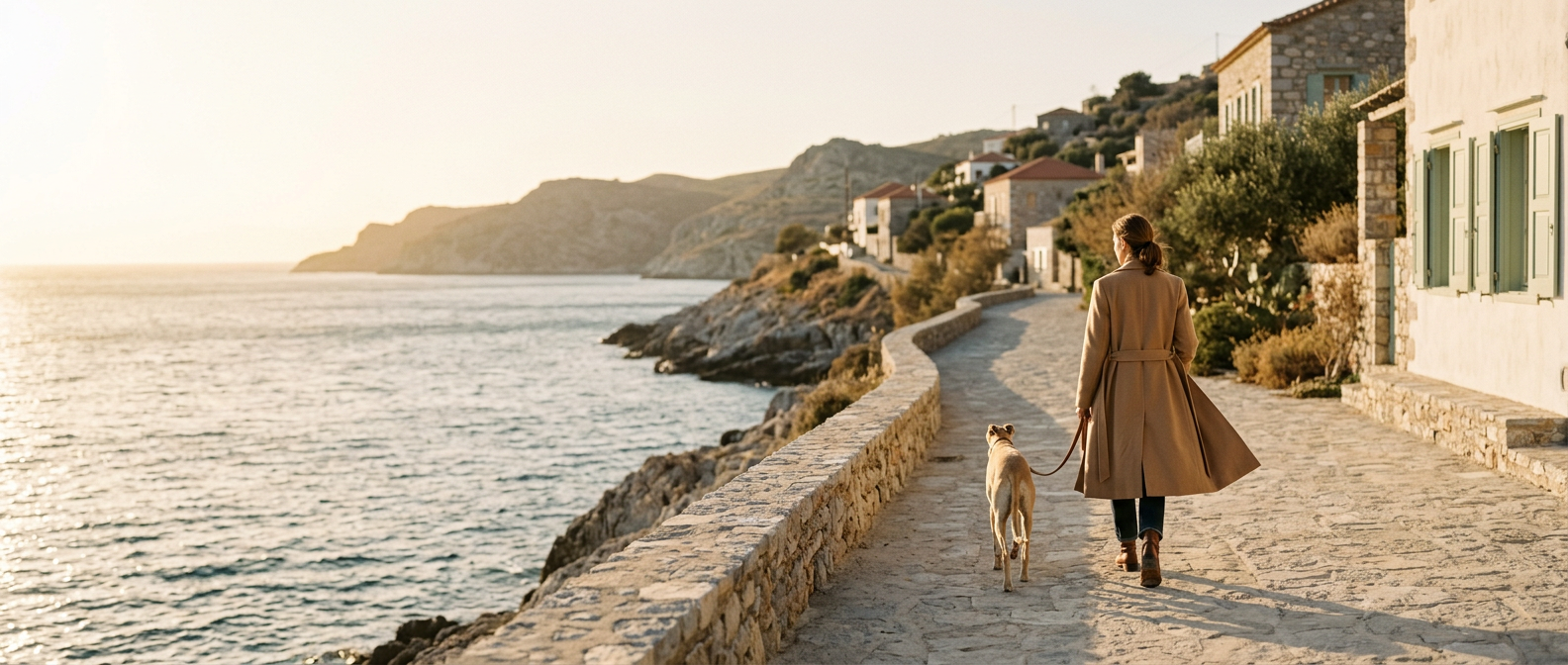 A woman in a camel coat walking her sand-coloured dog along a stone seaside promenade at golden hour