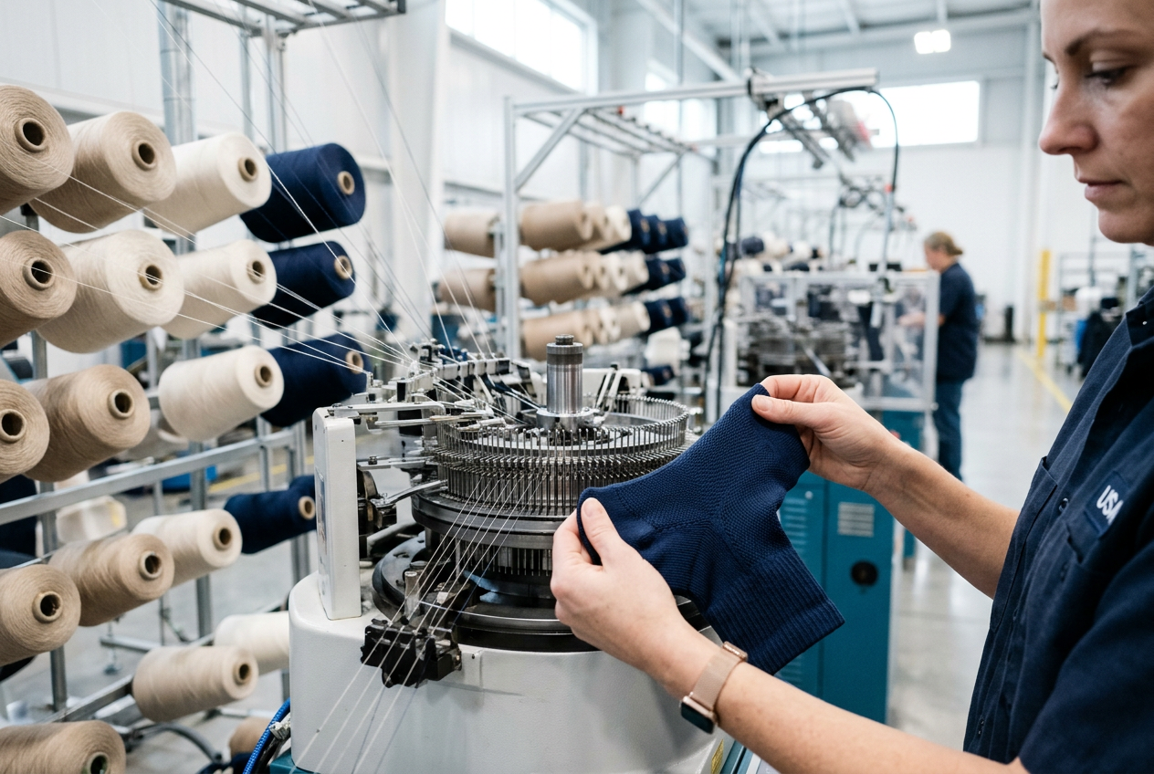 A technician inspecting a freshly knit navy compression sock beside a knitting machine in a U.S. manufacturing facility