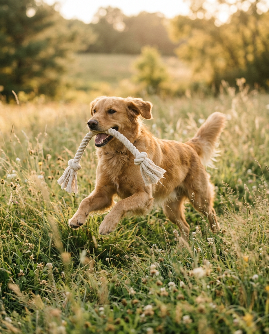 Dog playing with a cotton rope toy in a sunny meadow
