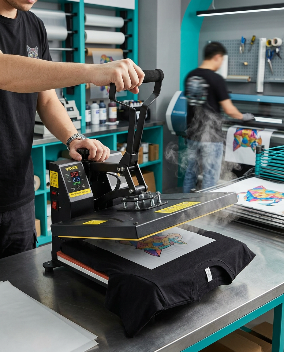 Heat press applying a DTF transfer to a black t-shirt