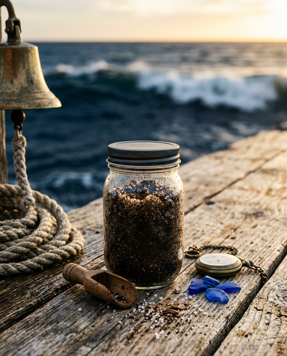 Glass jar of dark sugar scrub with a wooden scoop on a dock beside a brass ship's bell, rope and sea glass