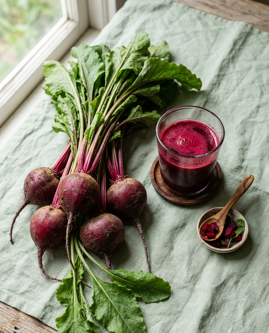 Fresh beetroots and a glass of beet juice