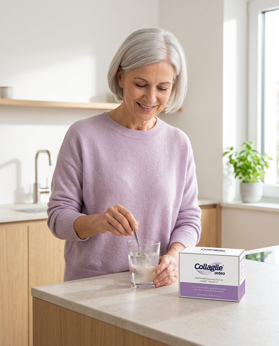 Frau mit silbernem Haar rührt in ihrer hellen Küche ein Getränkepulver in ein Glas Wasser, daneben die Collagile® Osteo Packung